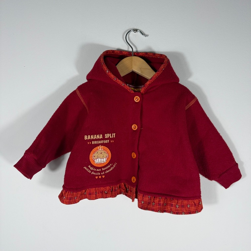 VTG Banana Split Red Fleece Hooded Jacket Muffin Plaid Ruffle Baby 12M CANADAA